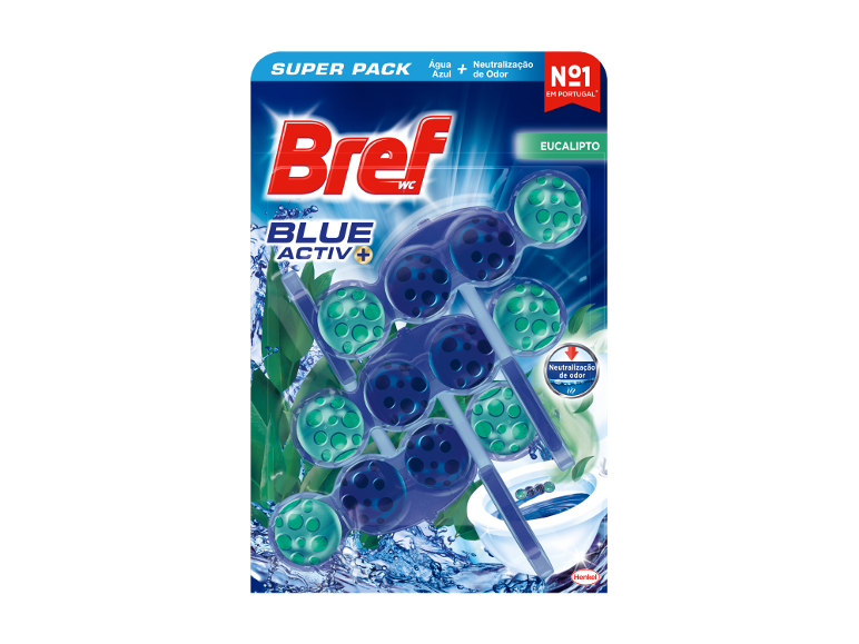 Bref WC Blue Activ+ Eucalyptus Super Pack, bloco sanitário com água azul e neutralização de odores.