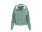 Casaco com capuz feminino em cor verde-água com zíper e cordões brancos.