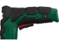Pistola de cola verde e preta com gatilho vermelho, porta USB e indicador de bateria.