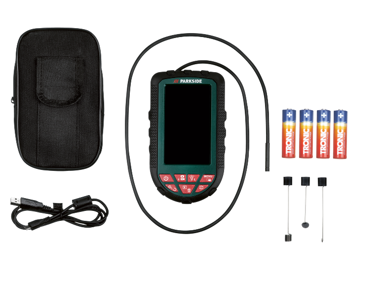 Conjunto de câmara de inspeção com estojo, cabo USB, pilhas e três acessórios.