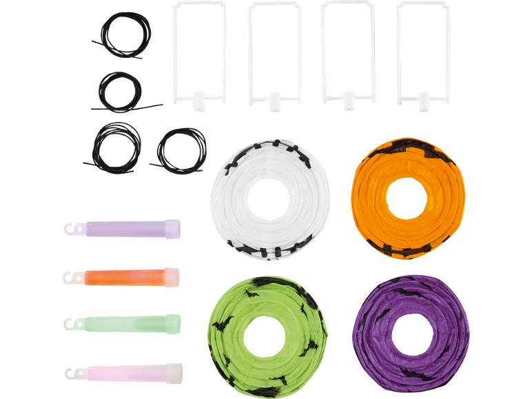 Kit de lanternas de Halloween com bastões luminosos, armações, cordas e quatro lanternas dobradas.