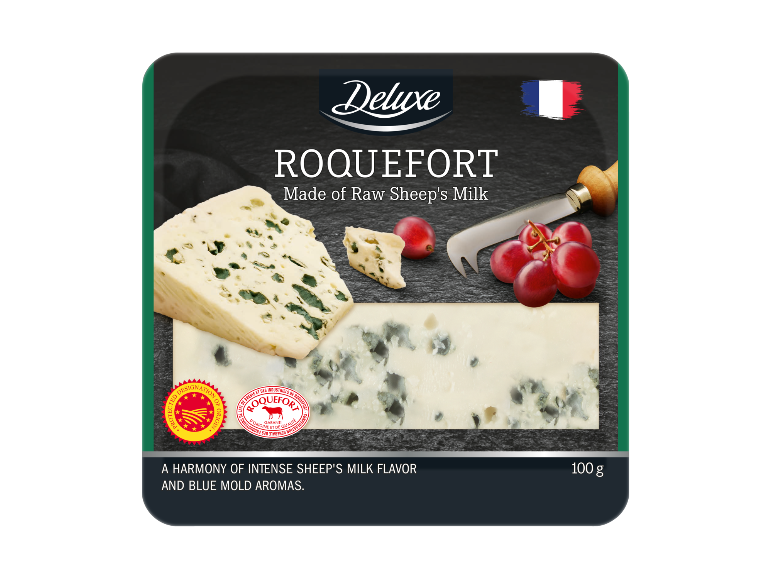 Embalagem de Deluxe Roquefort, queijo de leite cru de ovelha, 100 g