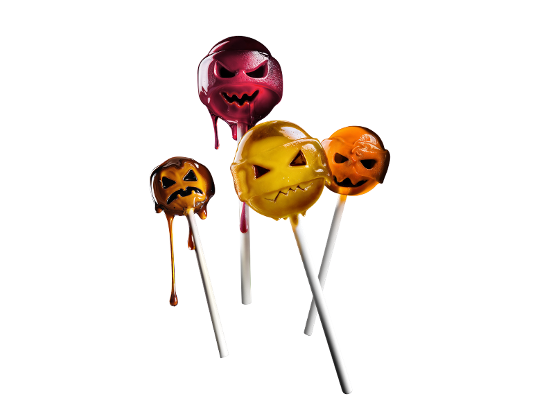 Chupa-chupas de Halloween em forma de abóbora com caras assustadoras e cobertura a escorrer.