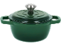 Panela de ferro fundido esmaltado verde com tampa e alças.