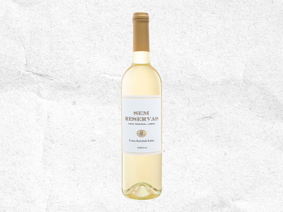 Garrafa de vinho branco com rótulo 'Sem Reservas', 'Vinho Regional Lisboa' e 'Portugal'.