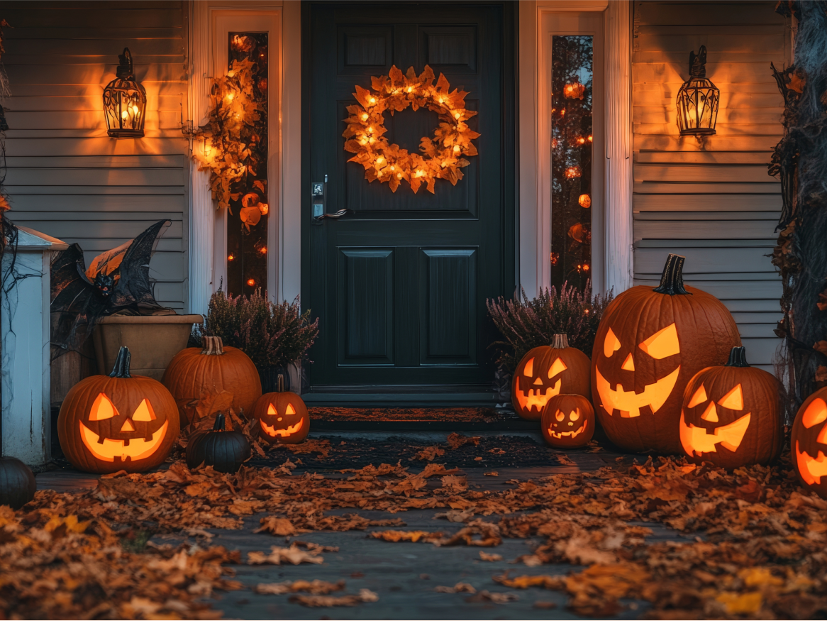 Entrada de casa decorada para o Halloween com abóboras esculpidas e folhas de outono.