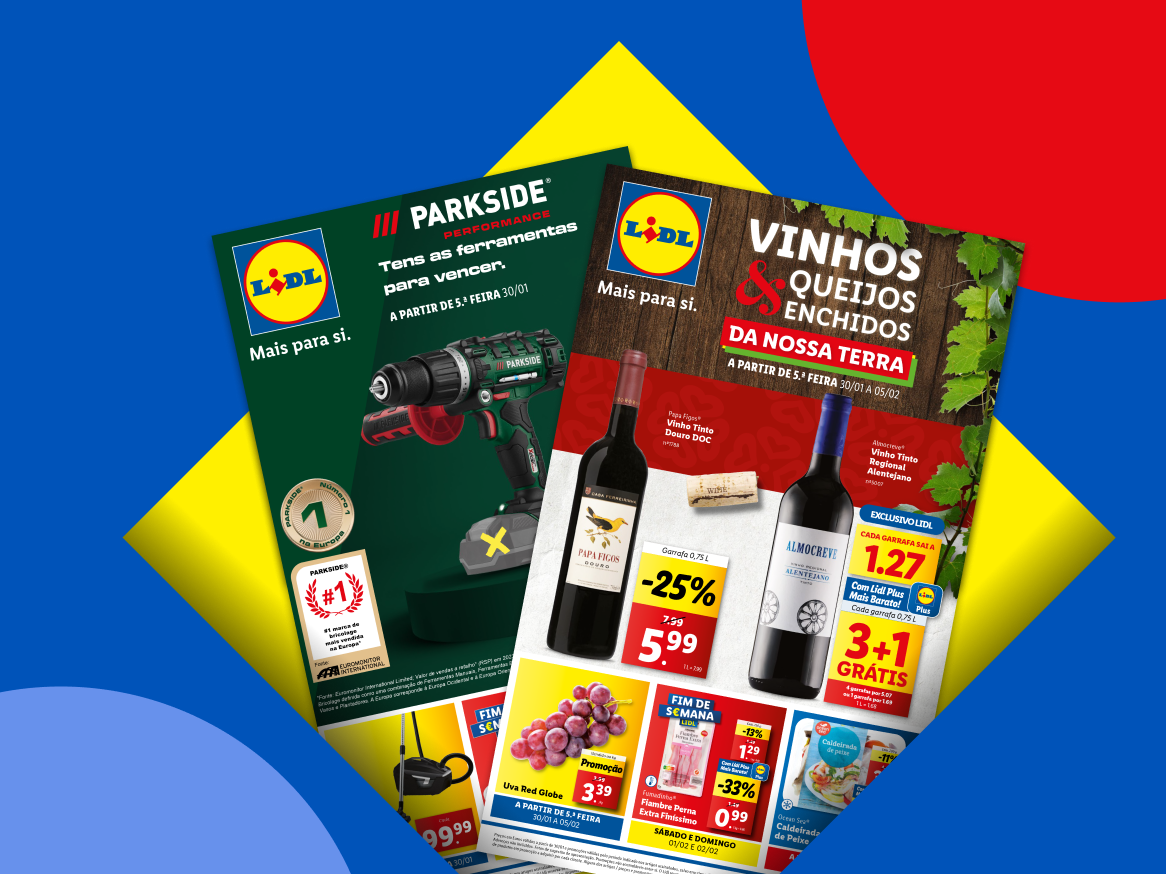 Folhetos do Lidl com ferramentas Parkside, vinhos, queijos e enchidos, e promoções de fim de semana.