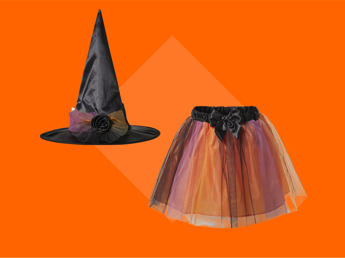 Chapéu de bruxa preto e saia tutu colorida para o Halloween.