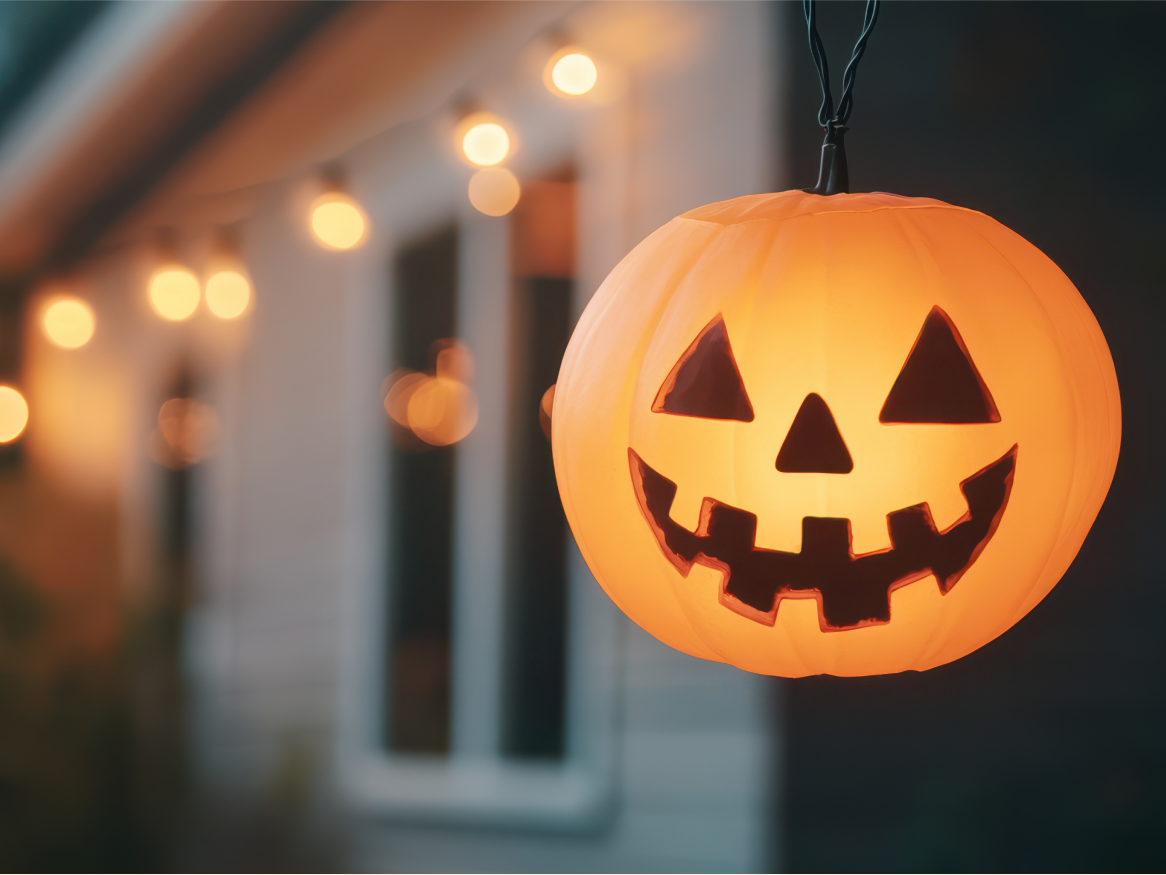 Uma abóbora de Halloween iluminada pendurada com luzes de corda desfocadas ao fundo.