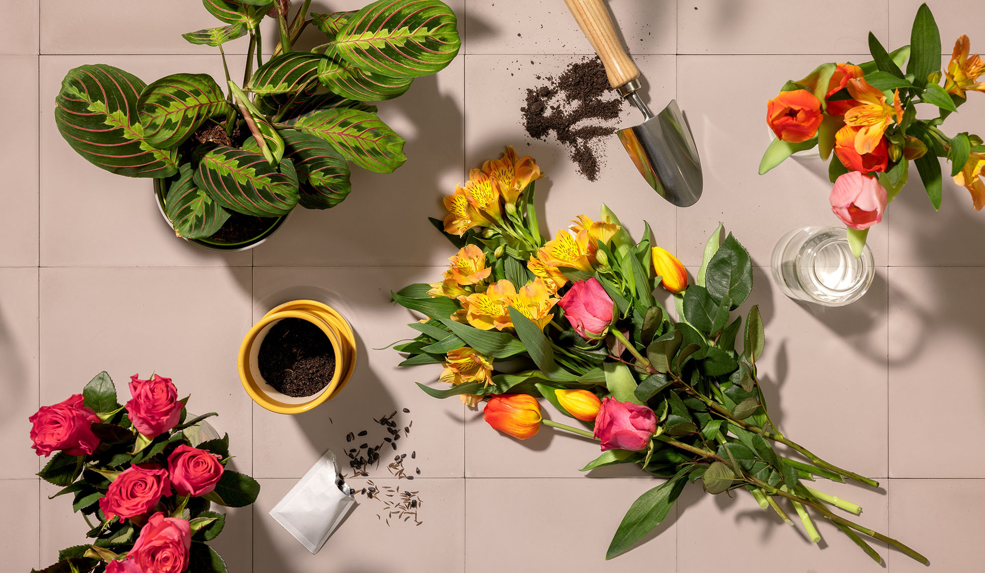 Vista aérea de ferramentas de jardinagem, vasos de plantas e buquês de flores coloridas em uma superfície de azulejos.