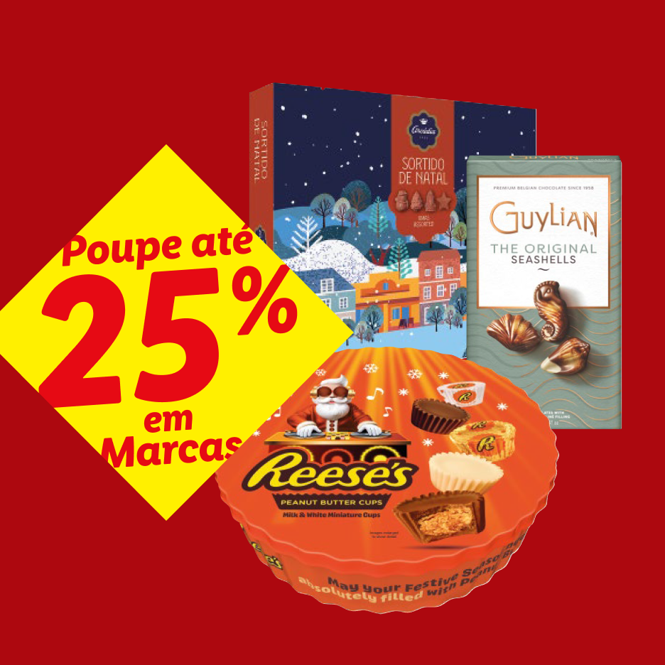 Uma caixa de bombons Sortido de Natal, chocolates Guylian e Reese's com 25% de desconto.