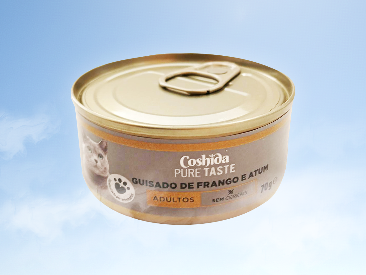 Lata de comida para gato Coshida Pure Taste, guisado de frango e atum, 70g.
