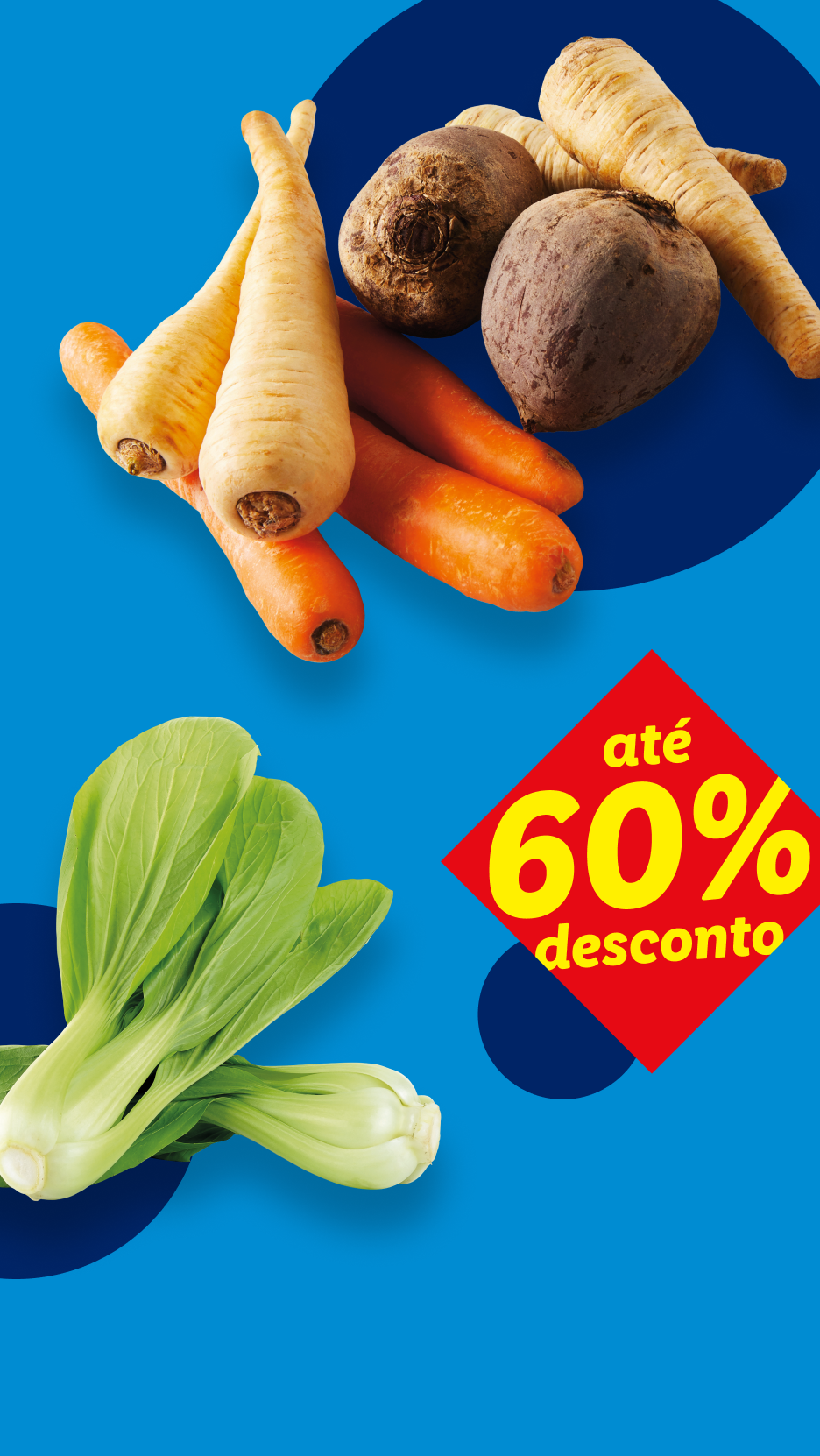 Cenouras, beterrabas, pastinacas e bok choy com um desconto de até 60%.