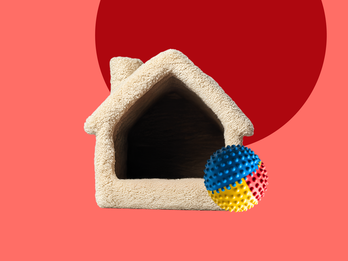 Casinha de animal de estimação aconchegante com bola de brinquedo colorida ao lado.