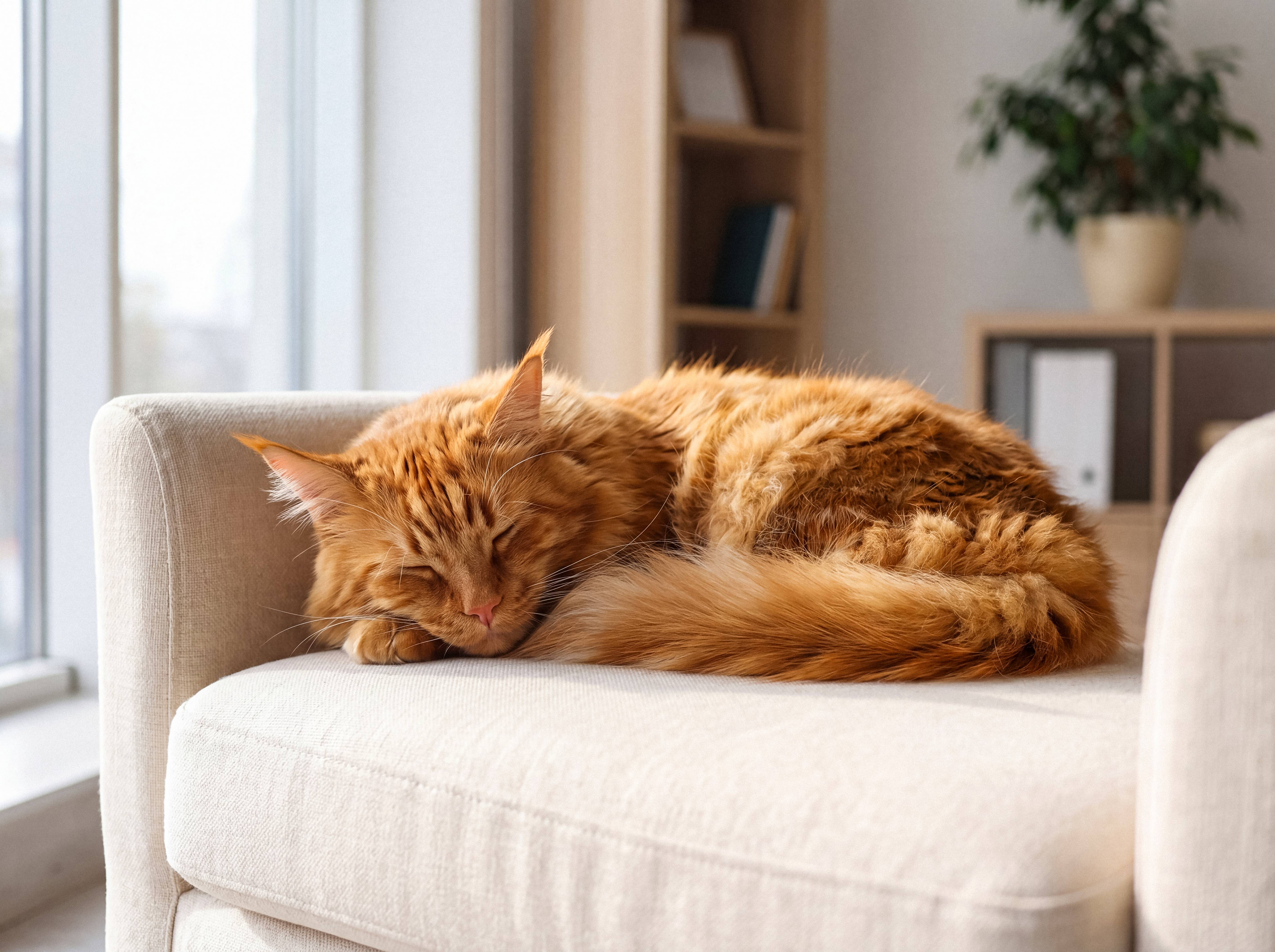 Gato ruivo a dormir num sofá bege na sala de estar.