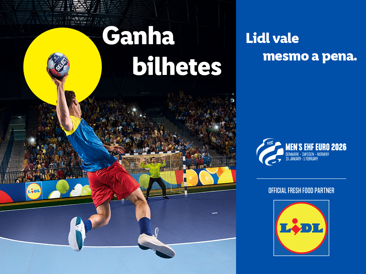 Jogador de andebol a lançar a bola, com a mensagem 'Ganha bilhetes' e 'Lidl vale mesmo a pena'.