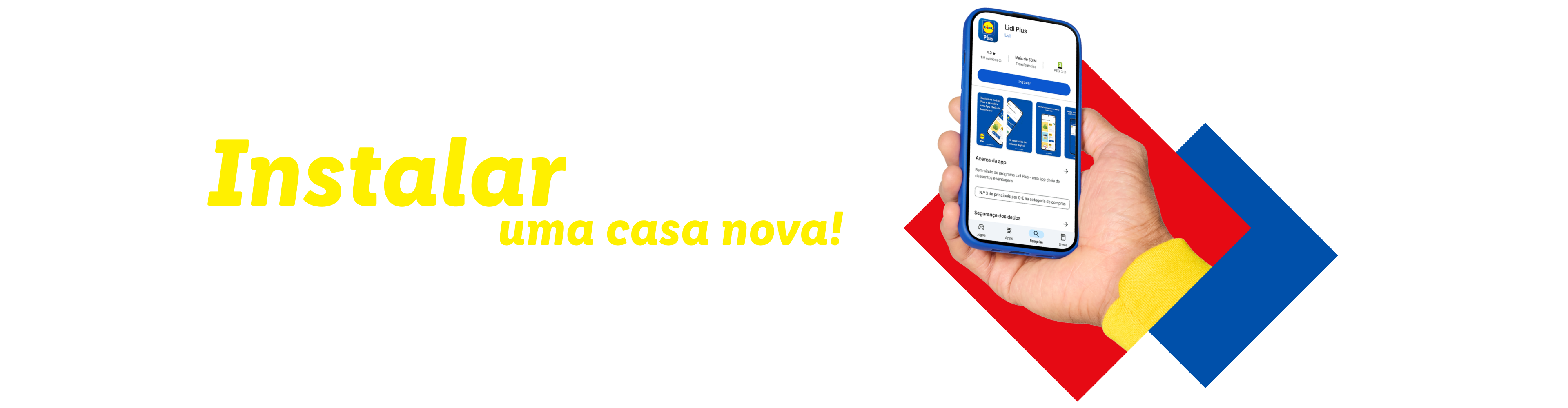 Um smartphone com o aplicativo Lidl Plus aberto, com texto em português sobre a instalação do aplicativo.