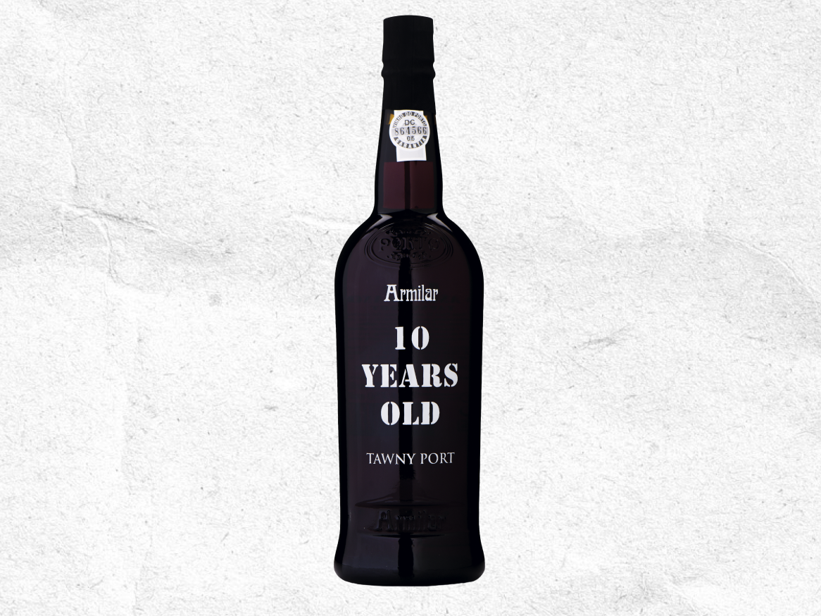 Garrafa de vinho do Porto Tawny de 10 anos, com rótulo branco sobre fundo escuro.