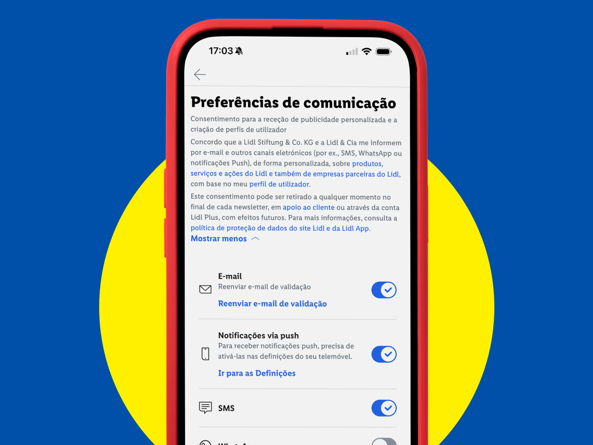 Ecrã de telemóvel com as preferências de comunicação da Lidl, incluindo opções de e-mail, notificações push e SMS.
