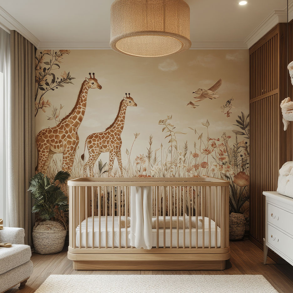 Quarto de bebê com berço de madeira, papel de parede de girafas e armários de madeira.