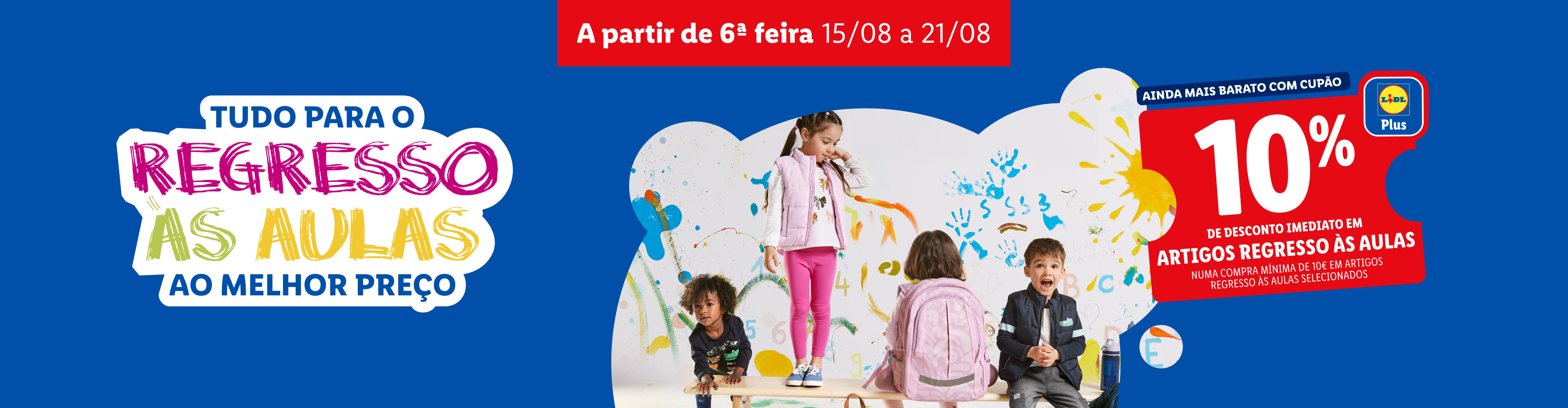 Anúncio do Lidl para o regresso às aulas, oferecendo 10% de desconto em artigos selecionados.