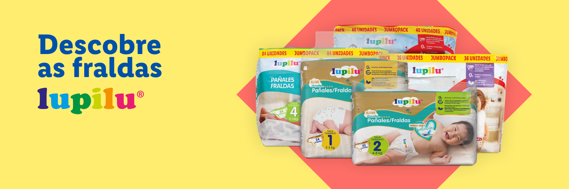 Uma variedade de embalagens de fraldas Lupilu em diferentes tamanhos e designs.