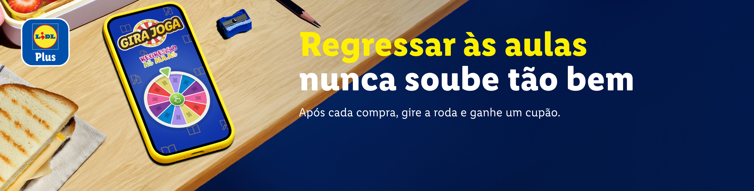 Um smartphone com um jogo de roda da sorte 'Gira Joga' e texto promocional da Lidl Plus.