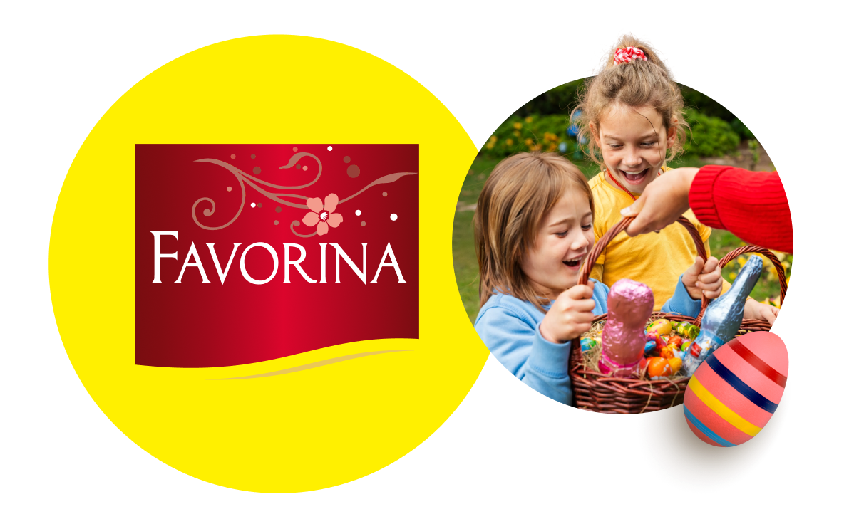 Logótipo da Favorina e crianças felizes com um cesto de Páscoa cheio de doces.