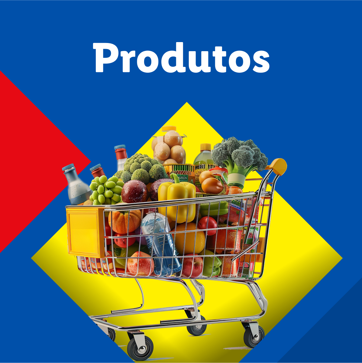 Alimentos no carrinho: frutas, legumes, bebidas.