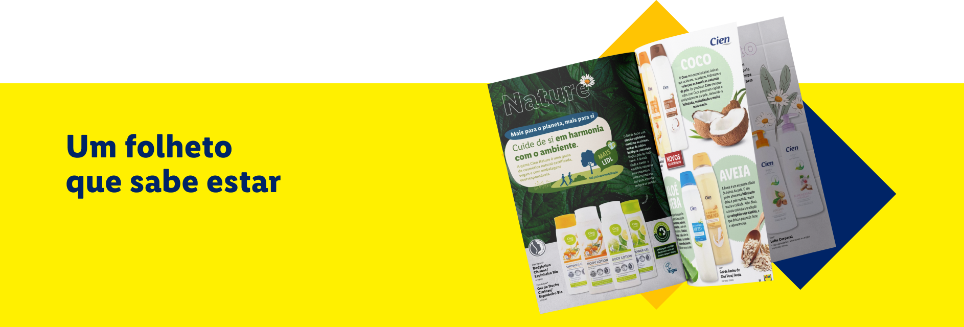 Folheto Cien Nature com produtos de coco, aveia e aloe vera, destacando cosméticos naturais e veganos.