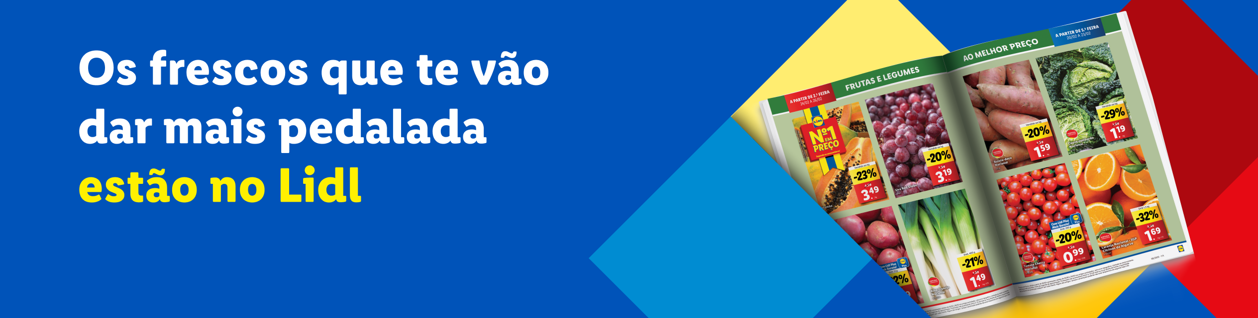 Anúncio do Lidl com frutas e legumes frescos em promoção, como uvas, batata-doce e laranjas.