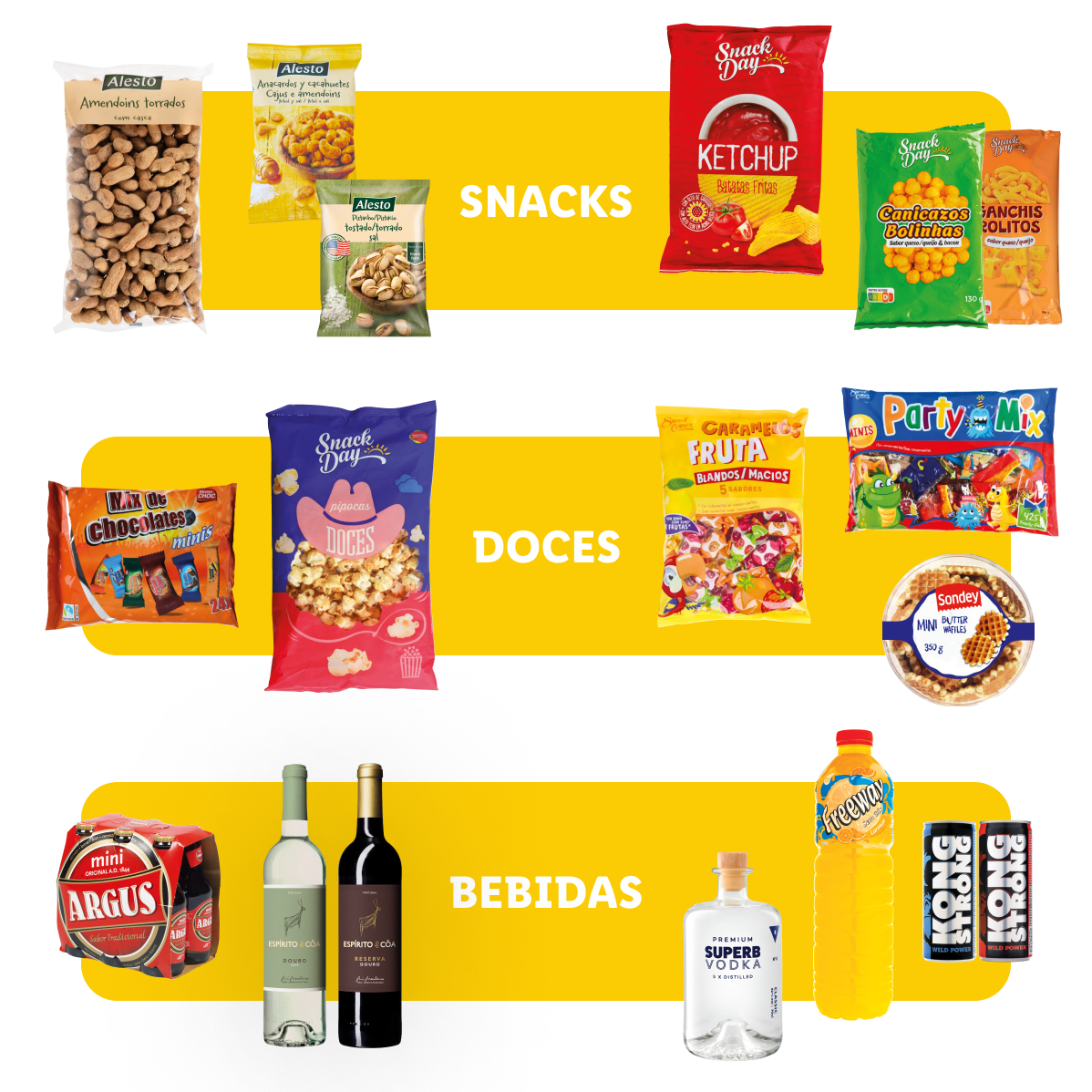 Snacks, doces e bebidas: batatas fritas, pipocas, chocolate, refrigerantes e álcool.