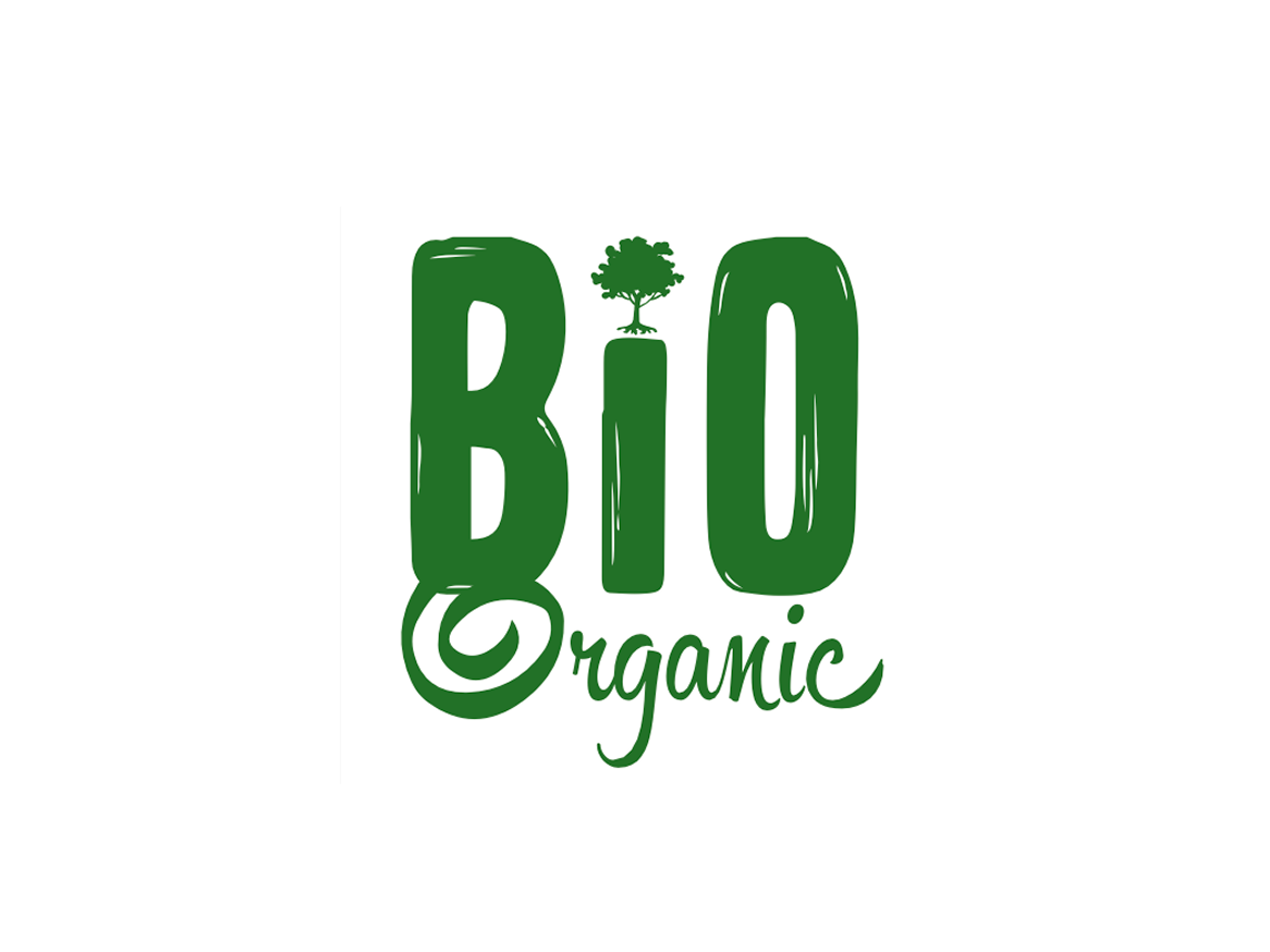 Logotipo verde escuro de 'BIO Organic' com uma árvore no 'I'.