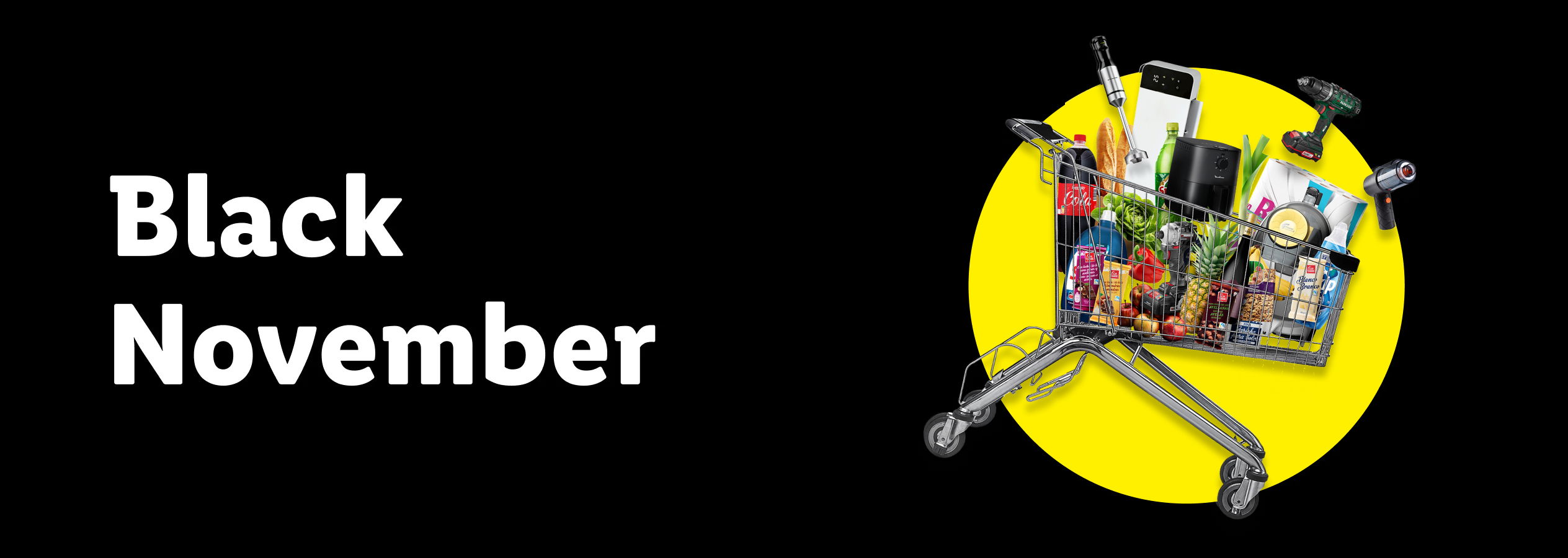 Black November: carrinho de compras cheio de produtos alimentares, eletrodomésticos e ferramentas.