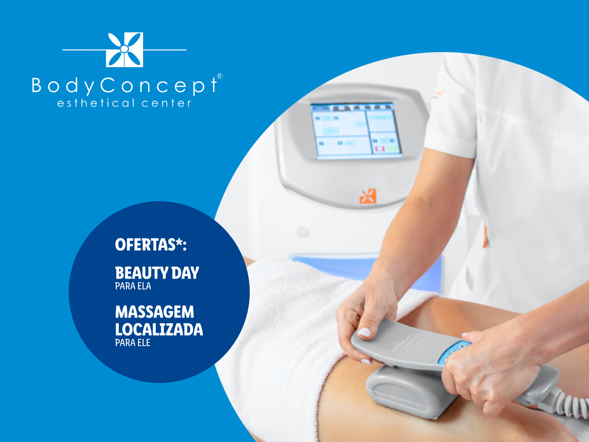 Mulher a receber tratamento estético com máquina, com ofertas de Beauty Day e Massagem Localizada.