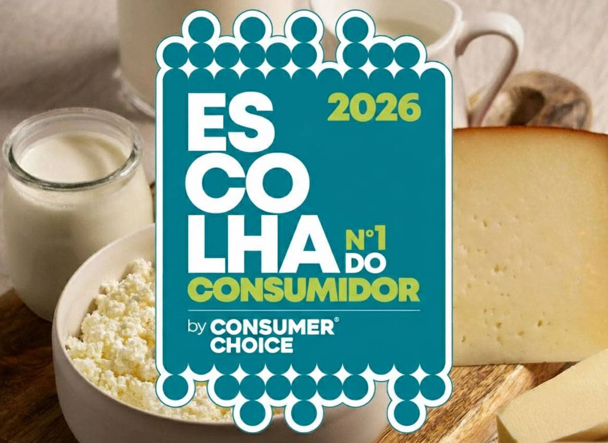 Laticínios variados com selo 'Escolha do Consumidor 2026', incluindo queijo, leite e requeijão.