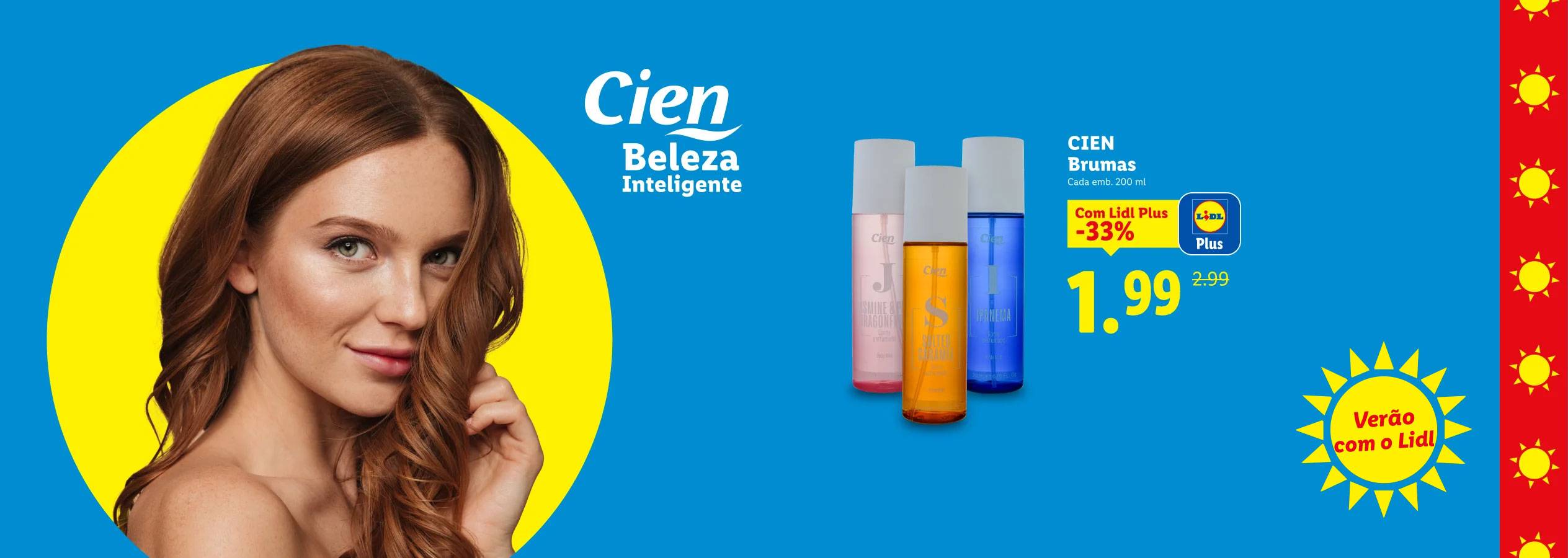 Mulher com cabelo castanho e brumas perfumadas em promoção.