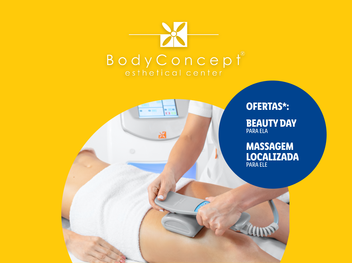 Anúncio da BodyConcept com ofertas de Beauty Day para ela e Massagem Localizada para ele.