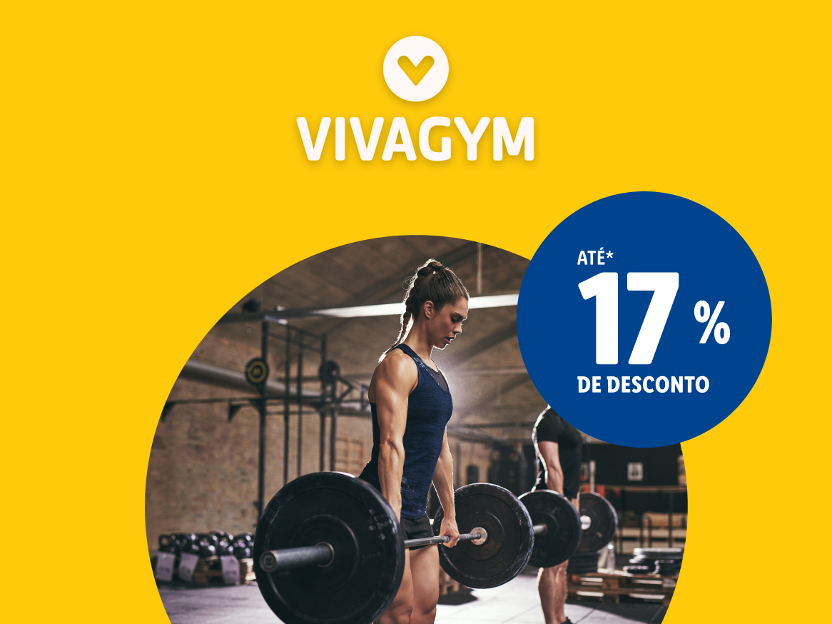 Mulher levantando peso em uma academia, com o logotipo da Vivagym e um desconto de 17%.