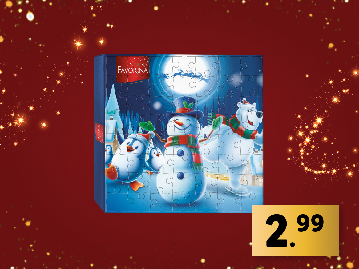 Quebra-cabeça de Natal Favorina com boneco de neve, pinguins e urso polar.