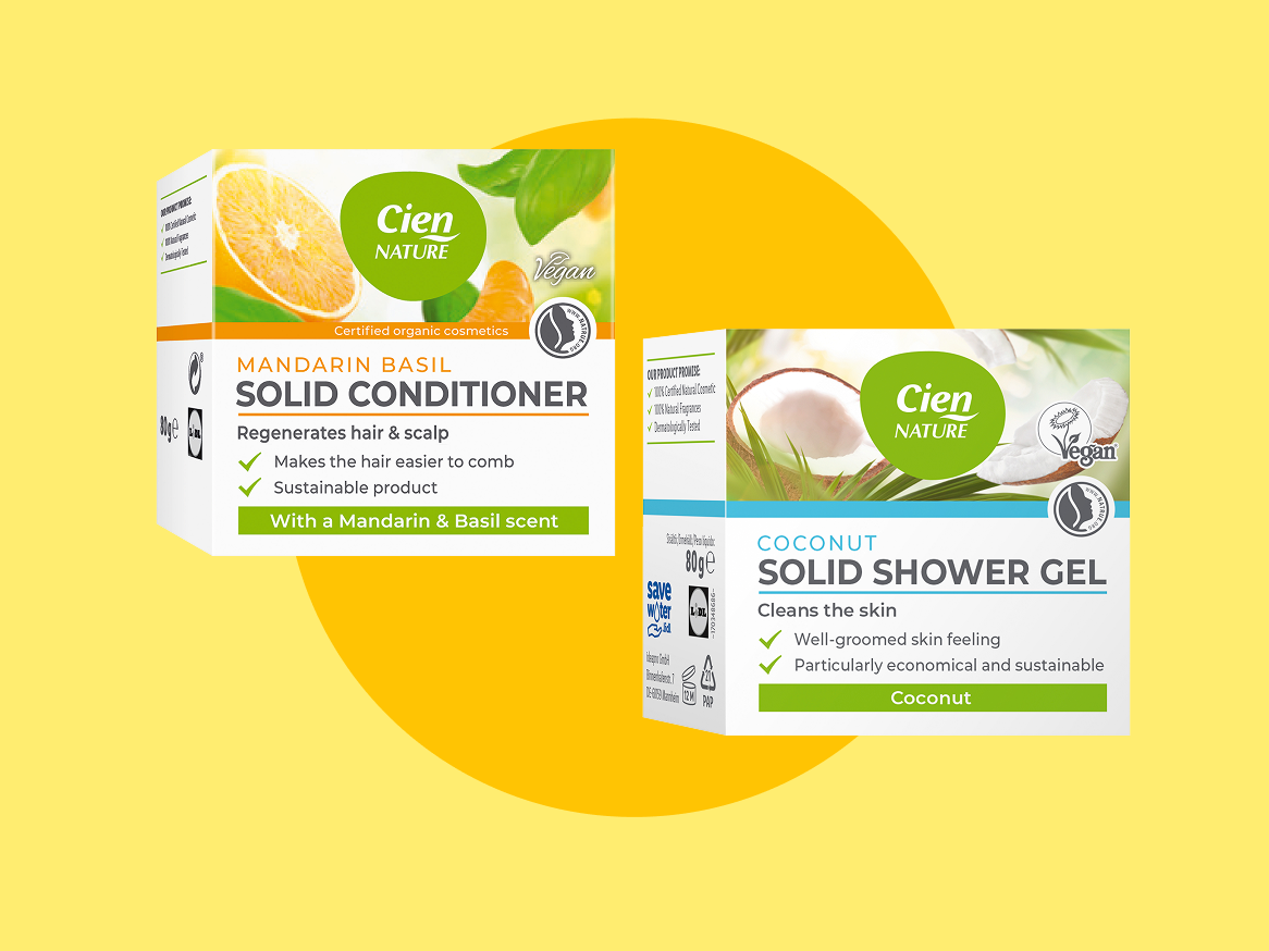 Produtos Cien Nature: condicionador sólido de mandarina e manjericão e gel de banho sólido de coco.