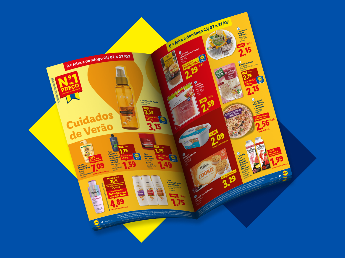 Folheto Lidl com ofertas de produtos de beleza Cien, Garnier e L'Oréal, e alimentos Chef Select.