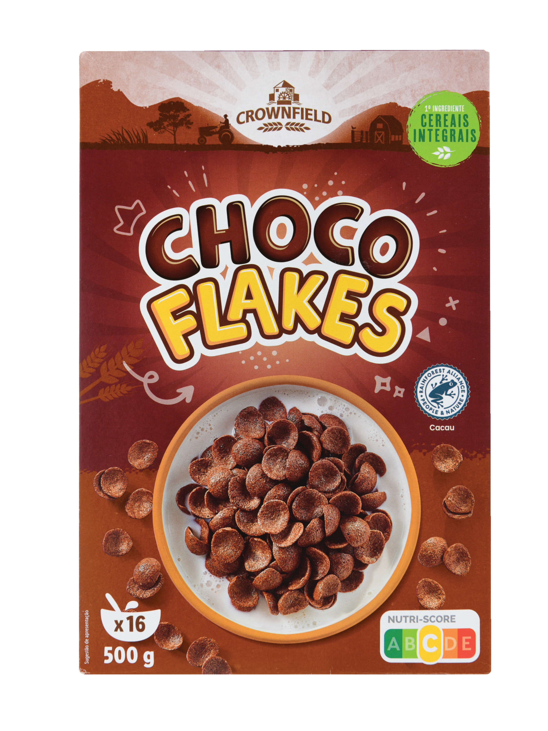 Caixa de cereais de chocolate com flocos de cacau e leite, com indicação de cereais integrais e Nutri-Score.