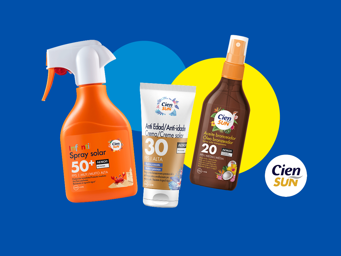 Três protetores solares: um spray solar infantil FPS 50+, um creme solar anti-idade FPS 30 e um óleo bronzeador FPS 20.