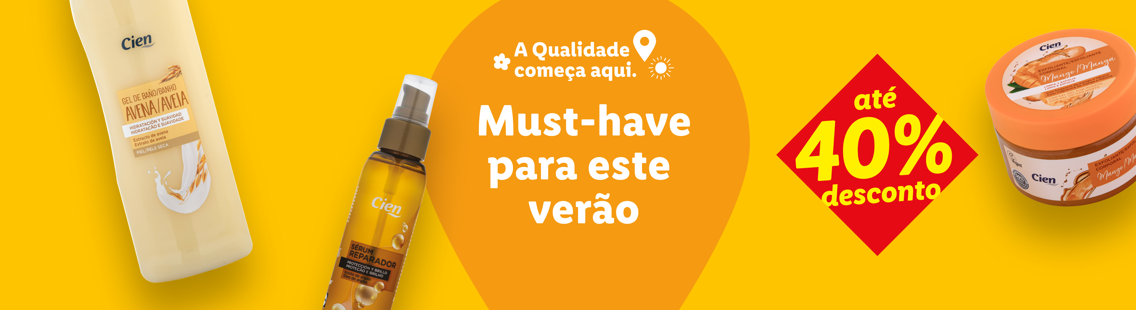 Produtos Cien para o verão com até 40% de desconto: sérum reparador e esfoliante corporal de manga.