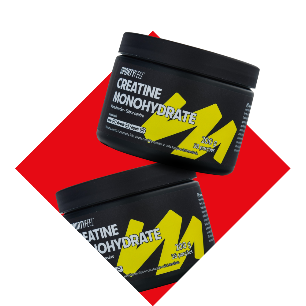 Dois potes de creatina monohidratada Sportyfeel, pó puro com sabor neutro.