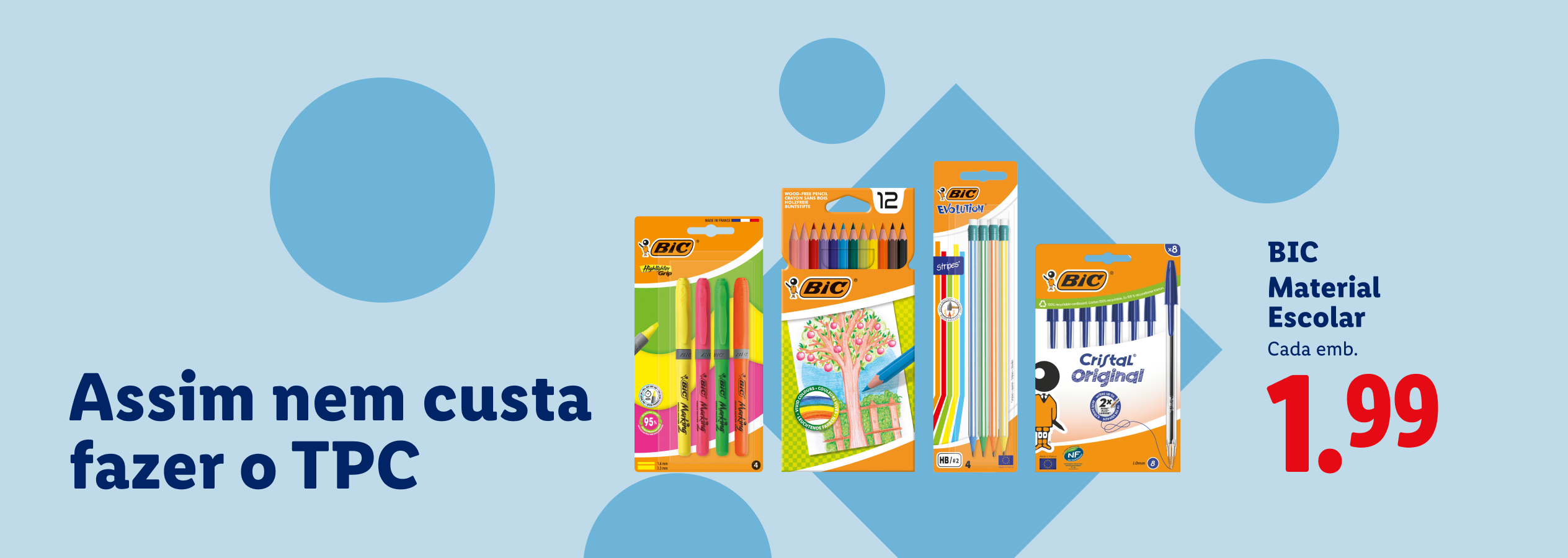 Material escolar, incluindo marcadores, lápis de cor, lápis de grafite e canetas, com o preço de 1,99€.