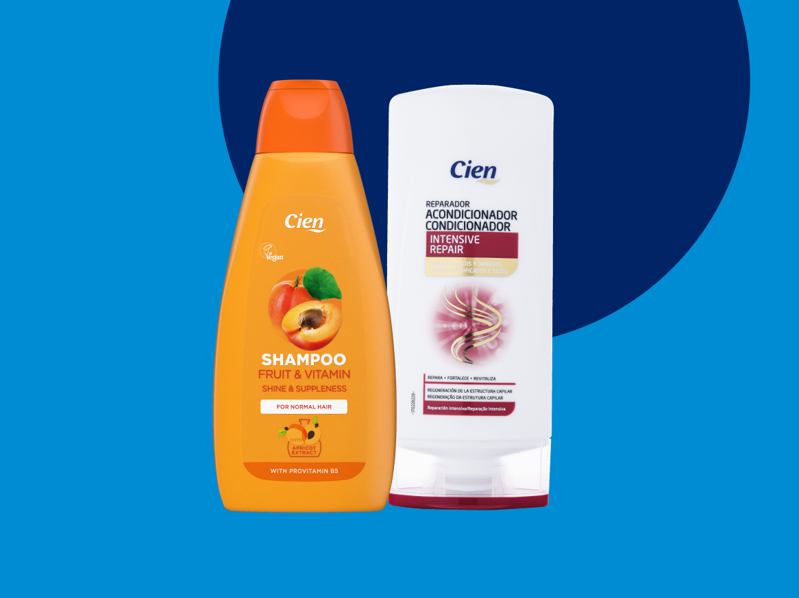 Shampoo e condicionador Cien: o shampoo com extrato de damasco e o condicionador reparador intensivo.