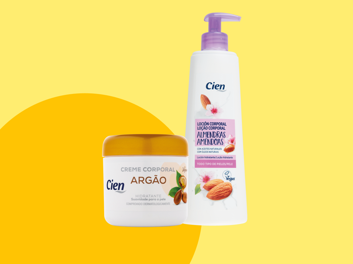 Creme e loção corporal Cien: Argan e Amêndoas, hidratantes e veganas.