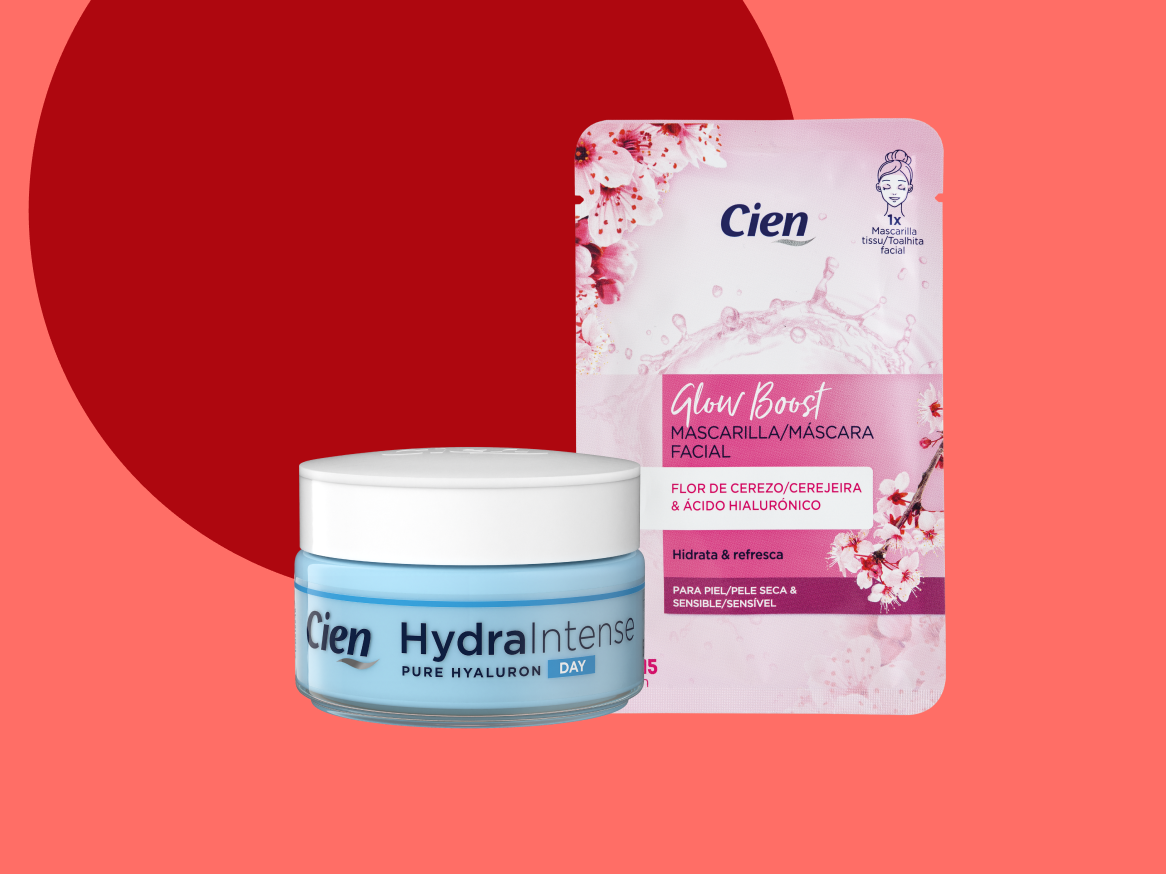 Creme facial Cien HydraIntense e máscara facial Cien Glow Boost.
